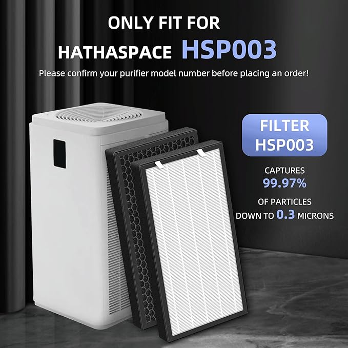 HSP003 True HEPA Filter Replacements for Hathaspace Air Purifier Filters HSP003,3 in 1 H13 True HEPA Filter with Activated Carbon Pre-Filter,2 Pack