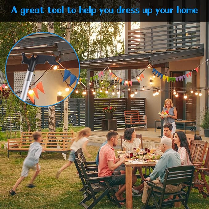 Ladderless Telescopic Poles for Hanging Christmas Lights, 3.8-12 FT Long Extension Pole with Utility Hook, Outdoor String Light Installation Tool, Extend a Reach Rod Kit