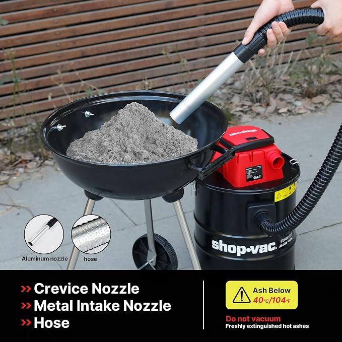 Shop-Vac 5430024 5 Gallon Cordless Ash Vac, 20V Battery, 1.5 in Diameter x 4 Ft Lock-On Hose, Stainless Steel Tank, Includes Blow Feature, Metal Nozzle and Crevice Tool