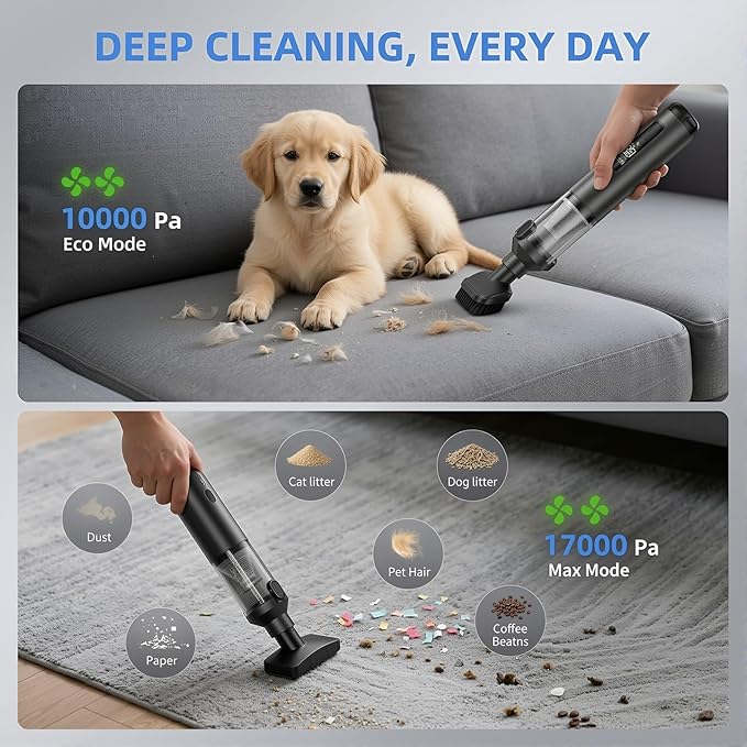 17000Pa Cordless Handheld Vacuum Cleaner, AI Brushless Motor with HD Display, One-Touch Dust Emptying, Lightweight for Home & Car Cleaning, Long Battery Life