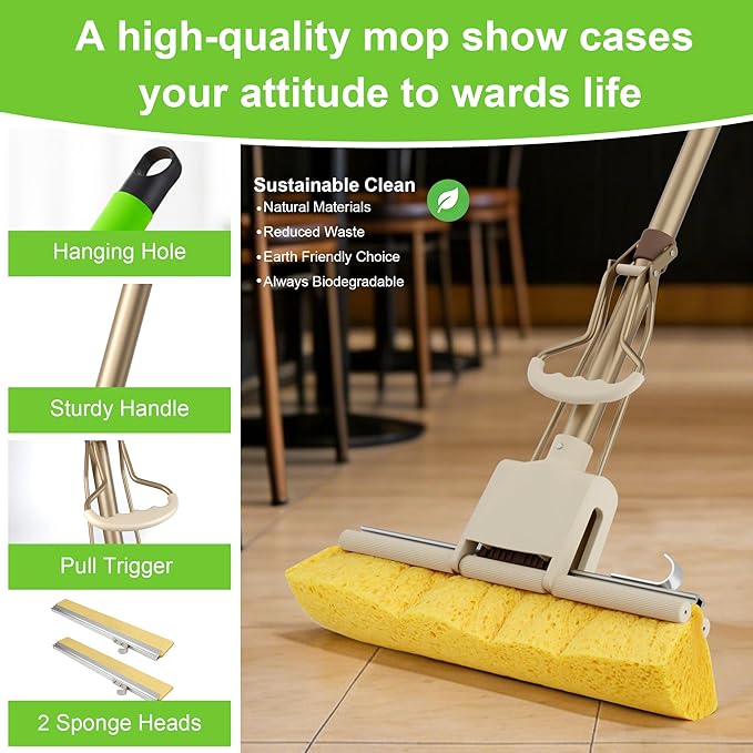 LILAC Cellulose Sponge Mop with 2 Replacement Heads, 4-Color Handle Choices for Zoned Cleaning, Super Absorbent Pop Up Roller Mop for Hardwood,Laminate Floors, Heavy Duty Floor Scrubber (Green)
