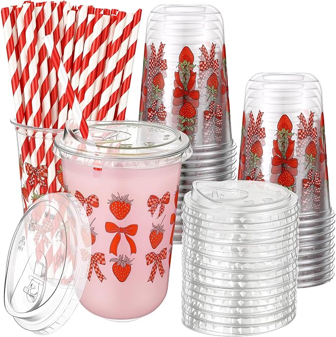 Rtteri 50 Sets Strawberry Plastic Cups with Lids and Straws 16 oz Red Bow Strawberry Disposable Cups Bulk Clear Drinking Cup for Berry First Birthday Baby Shower Party Decoration Supplies