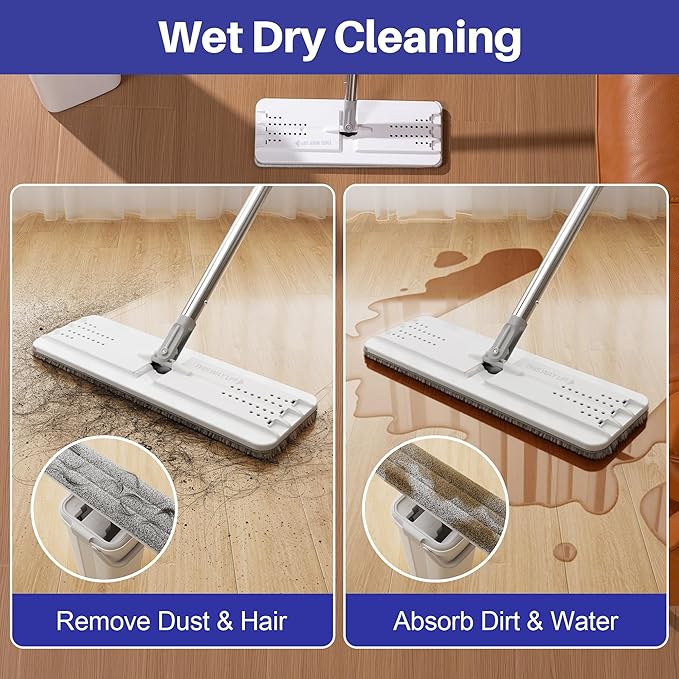 BOSHENG Mop and Bucket Set, Flat Mops for Floor Cleaning, Wall Mop with 60" Extensible Handle, Hardwood Floor Mop with 6 Microfiber Pads