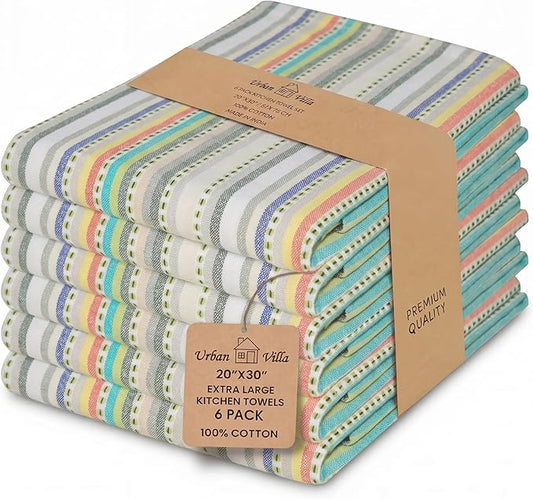 Urban Villa Kitchen Towels 100% Cotton Dish Towels for Kitchen(Set of 6)20”x30” Dish Cloths Highly Absorbent Kitchen Linen Set with Hanging Loop Perfect for Drying Dishes Cleaning Towels-Beige Stripes