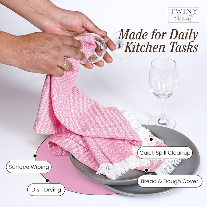 TWINY threads Dish Towel Chevron Weave, Premium 100% Cotton Kitchen Linen Set, Large Dish Rags and Wash Rags, Absorbent Quick Drying, Washable Reusable Dishcloth Set, 4 Pack, 16"x26", Rose Pink