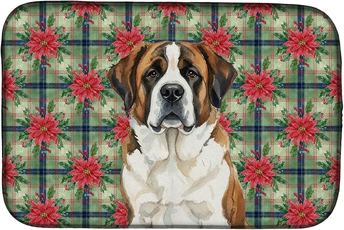 Caroline's Treasures Brindle and White Saint Bernard Christmas PoinsettIas Dish Drying Mat Absorbent Dish Drying Mat Pad for Kitchen Counter Dish Drainer Mat for Countertop, 14 x 21", Multicolor