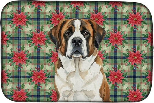 Caroline's Treasures Brindle and White Saint Bernard Christmas PoinsettIas Dish Drying Mat Absorbent Dish Drying Mat Pad for Kitchen Counter Dish Drainer Mat for Countertop, 14 x 21", Multicolor