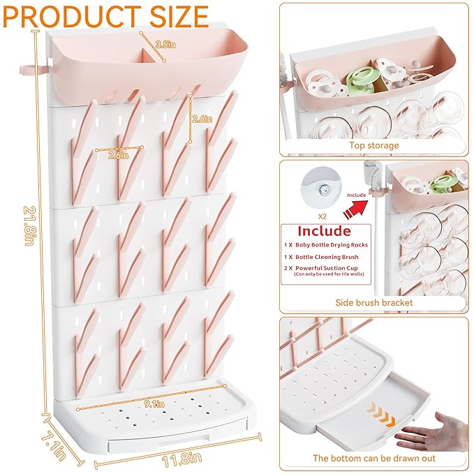 SuoXing Vertical Baby Bottle Drying Rack with Brush- Hold 24 Bottles - Large Breast Pump,Bottle Dryer Rack for Kitchen Countertop,Space Saving Bottle Stand Holder for Pacifiers,Pump Accessories,Pink