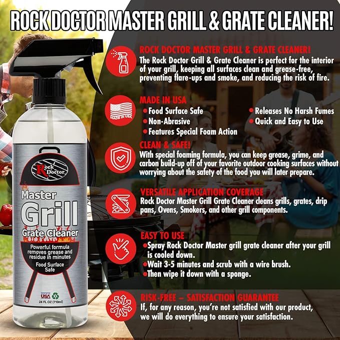 Rock Doctor Master Grill Grate Cleaner, 24 oz. Cleaning Spray for Drip Pans, Oven Grates, Smokers, and Components, Non-Abrasive Liquid Solution Removes Grease, Grime, and Dried Food – Pack of 1