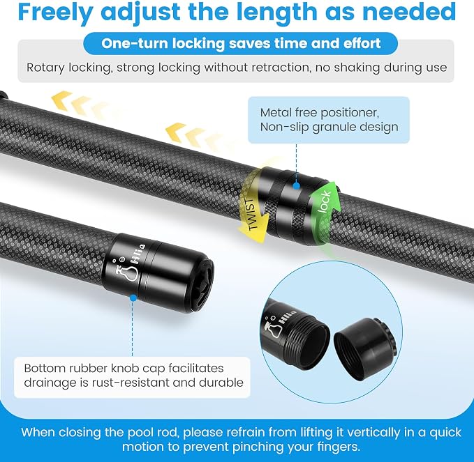 Pool Pole Carbon Fiber, swimming pool pole telescopic 4.6 to 15 FT, Adjustable 4 Piece Extendable Pool Cleaning Pole, Professional Pool Pole fit for Brushes, Vacuum, Nets, Skimmers, Rakes