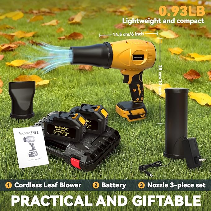600000 RPM Lightweight Handheld Cordless Leaf Blower, Includes 2×4.0Ah Batteries, Charger, 3 Nozzles, Powerful Blowers Air Turbo Jet, with Earplugs, for Yard Cleaning, Lawn Care, Leaves & Dust