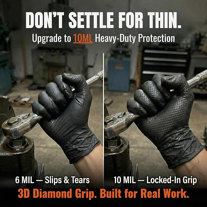 10 Mil Heavy-Duty Black Nitrile Gloves, Diamond Grip, Mechanic Grade, Latex & Powder Free, 1000 Count Bulk