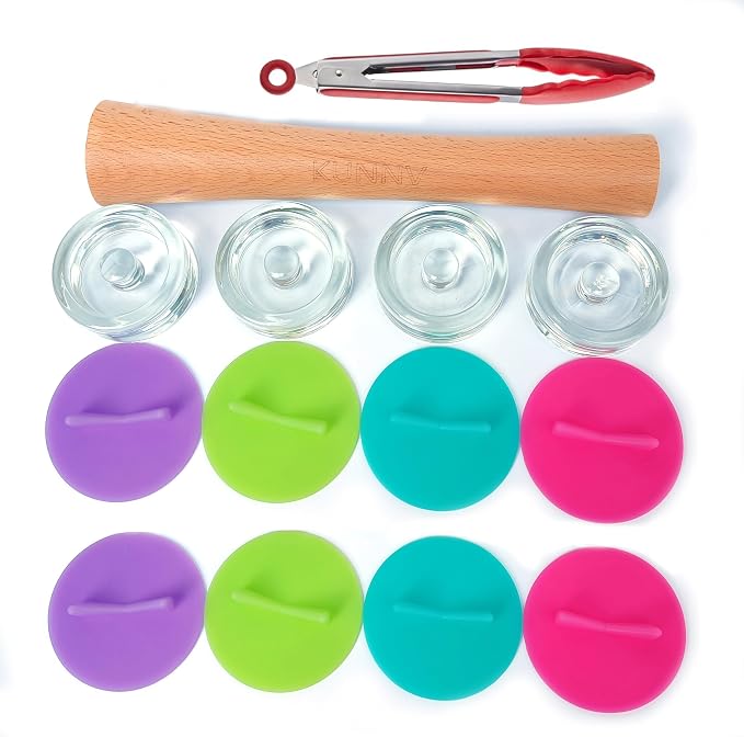 Mason Jar Fermentation Kit, Sauerkraut pounder + 4 Glass weight and 8 Fermentation Airlock Lids for Wide Mouth Mason Jars Excluding steel rings and bottles(AirLock+Glass weight+pounder)