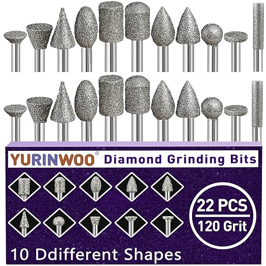 120-Grit Diamond Grinding Bit 1/8" Shank Compatible with Dremel Rotary Tool, 22Pcs Diamond Grinding Burrs for Stone Jade Glass Resin Metal Porcelain Ceramic Quartz Glaze Carving Engraving Polishing