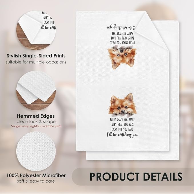 Pomeranian Kitchen Towel Gifts for Dog Lovers Decorative Set of 2, Pomeranian Dish Towels Dishcloths Tea Towels, Pom Waffle Weave Microfiber Hand Towel for Kitchen Bathroom Decor 16x24