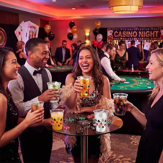 Uiifan 45 Pcs Casino Party Decorations Las Vegas Cups Casino Game Night Party Supplies 16 oz Poker Disposable Plastic Shot Cups for Hot Cold Drinking Office Home Dice Vegas Birthday Favors