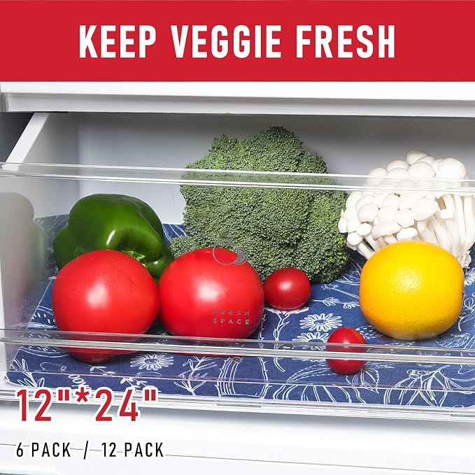 Cooyes 2 in 1 Shelf Liner for Refrigerator, 6 Pack, 12“ × 24”, Fridge Drawer & Shelf Liners for Kitchen Cabinets Non-Adhesive, Breathable Cloth Material, Keep Produce Fresh Longer