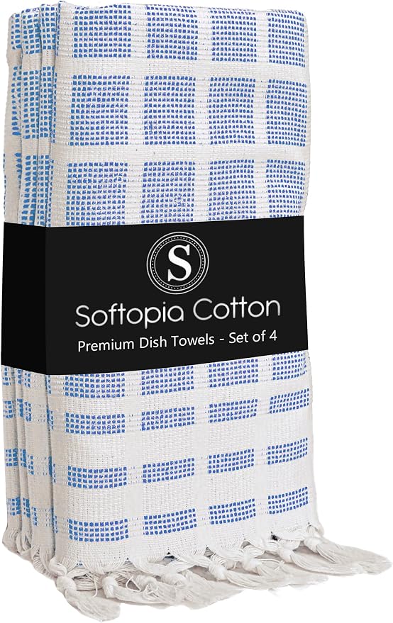 Matrix Dobby Kitchen Towels 4 Pack, 100% Cotton, 16x26 Inches, Handmade Knotted Tassel Dish Towels, Quick Dry, Durable, Absorbent and Reusable Cleaning Cloths - Sky Blue, Natural
