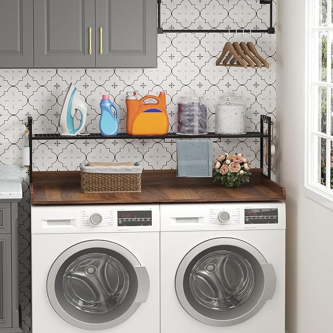 Lifewit Washer Dryer Countertop with Adjustable Shelf, Melamine Cover for The Top with Edge Rails, Towel Rack for Laundry Room Storage and Organization, Hold 200lbs, Walnut, 54" x 27.5"