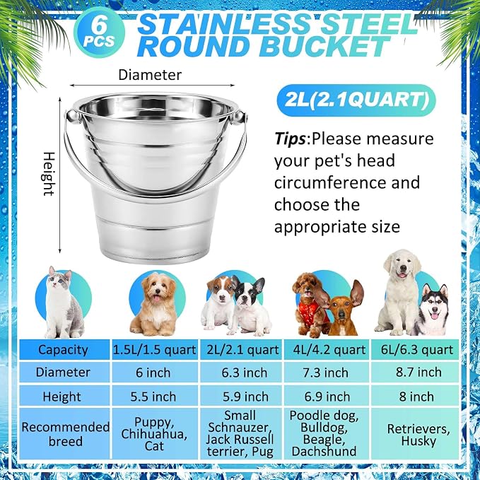 Hicarer 6 Pcs 2.1 Quart Stainless Steel Dog Water Bucket, Heavy Duty Stainless Steel Easy Clean Bucket Water Pails for Dogs Pets, for Kennels Farms Fences Cages Home