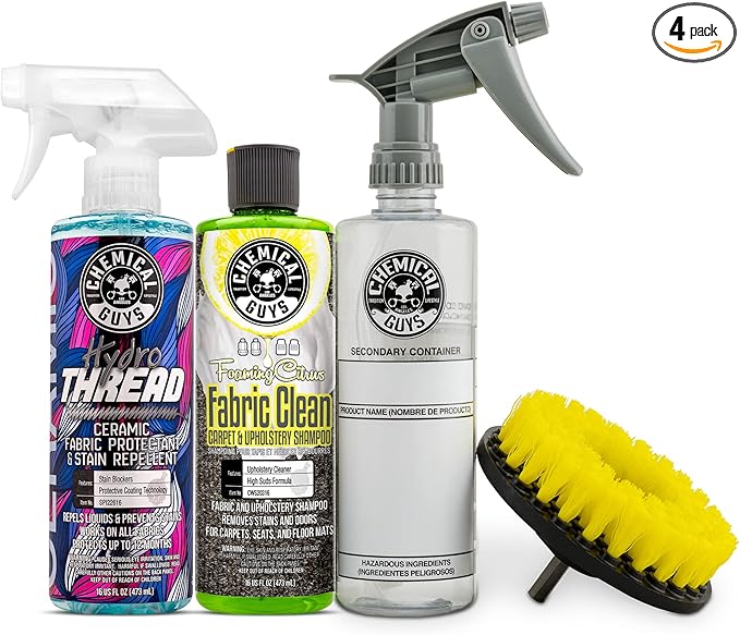 Chemical Guys CWS203DK Foaming Citrus Fabric Clean Carpet & Upholstery Cleaning & Protectant Bundle with HydroThread, Drill Brush and Spray Bottle (Car Carpets, Seats & Floor Mats) 4 Items