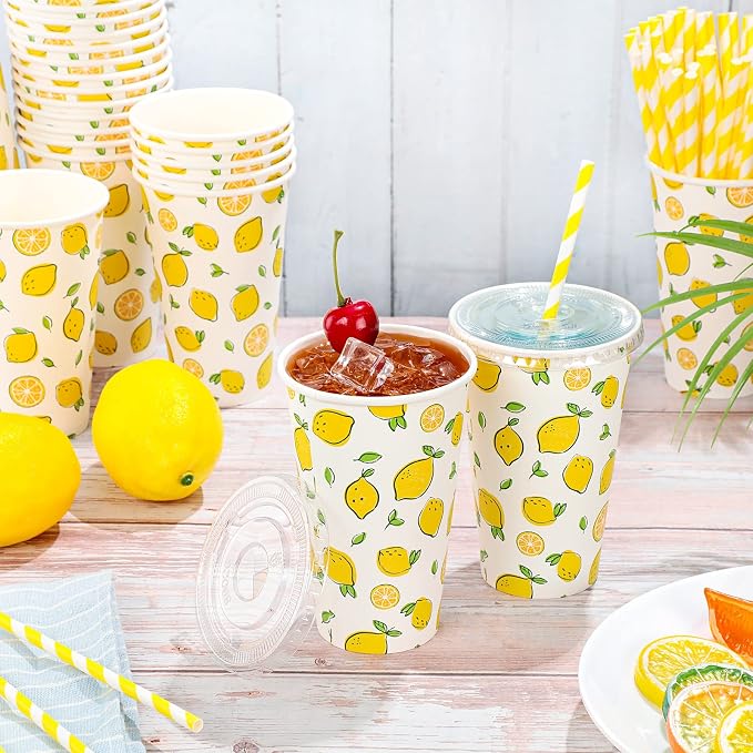 Tessco 150 Pieces/50 Sets Lemonade Cups with Lids and Paper Straws 16oz Disposable Iced Coffee Paper Cup Summer Citrus Cold Lemonade Stand Supplies for Fruit Party Beverages Drinks Juices