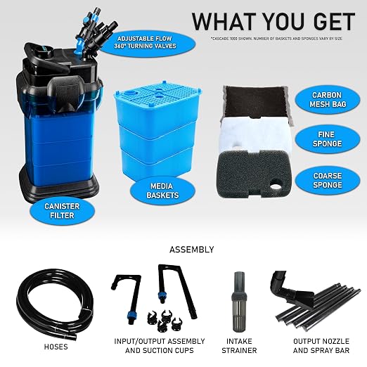 Penn-Plax Cascade 500 Canister Filter - 115 GPH Aquarium Filter for Tanks Up to 30 Gallons - 360 Degree Flow Valves, Poly Fiber Pads, Bio-Sponge & Activated Carbon -Fresh & Saltwater -11.5x9x13.5in