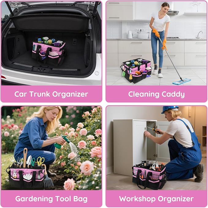 ZKOO Large Cleaning Caddy Bag with Handle, Built-in Sturdy Support Board, Adjustable Shoulder Strap, Multi-compartment Design Cleaning Supply Tote for Cleaners & Housekeepers (Pink)