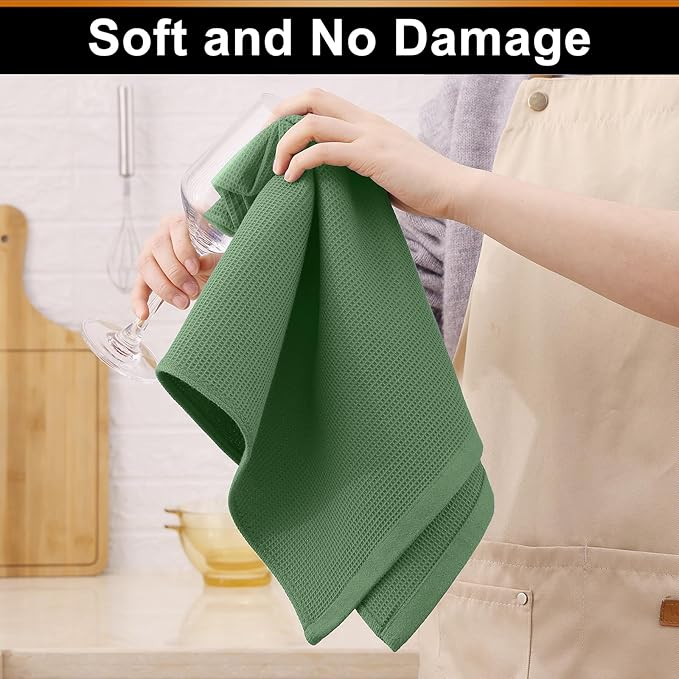 Homaxy 100% Cotton Kitchen Towels and Dishcloths Set - 8 Pack Waffle Weave Soft and Absorbent Dish Towels - 26 X 16 Inch and 12 X 12 Inch - Grass Green