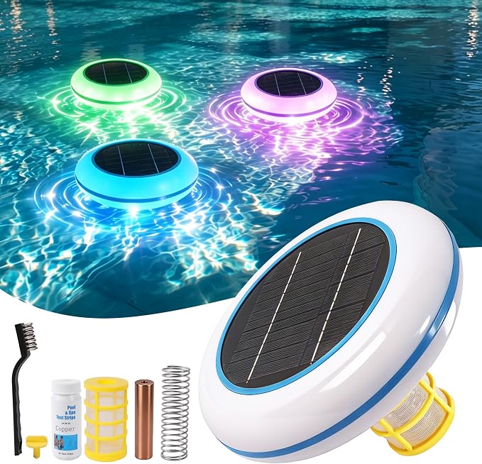 Solar Pool Ionizer with Multi-Color LED Light – Floating Copper Pool Ionizer with Large Solar Panel & Durable Anode for Above Ground & Inground Pools Up to 35,000 Gallons
