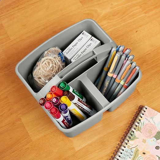 ECR4Kids 3-Compartment Small Plastic Caddy, Multipurpose Organization, Grey, 6-Pack