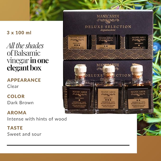 MANICARDI Set of 3 Condiments with Balsamic Vinegar of Modena PGI - Selected with Three Different Degrees of Density - Made in Italy, 100 ml Each