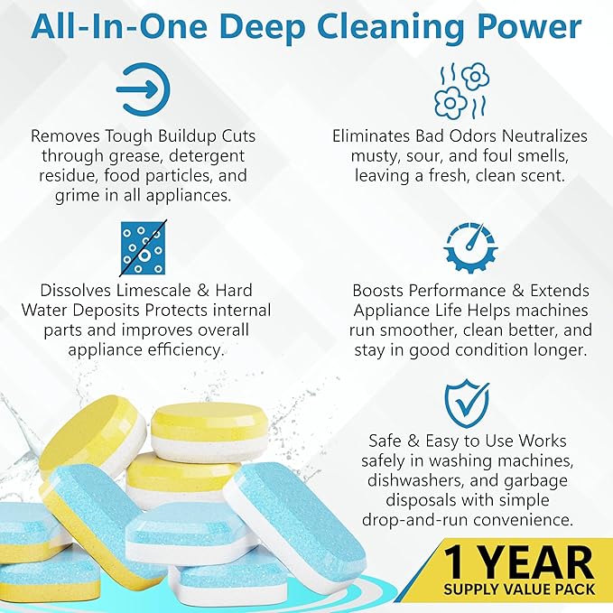 WipeoutX 3-in-1 Appliances Cleaner 72 Tablets Combo (24 Each) Dishwasher Cleaner, Washing Machine Cleaner & Garbage Disposal Cleaner Tablets – Deep Cleaning & Deodorizer