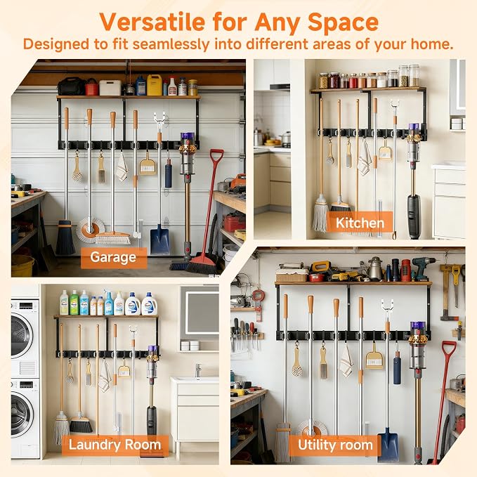 3 in 1Broom Holder Wall Mount,Laundry Room Organization and Storage Shelves with 5 Mop Hanger Rack Gripper Hooks,Utility Shelf Closet Organizer for Garage, Garden,Kitchen,Closet