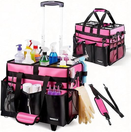 Cleaning Caddy with Wheels, Rolling Cleaning Supplies Organizer with Bottom Board, Dividers & Shoulder Strap, Portable Utility Tote with Small Trolley, Rose Pink