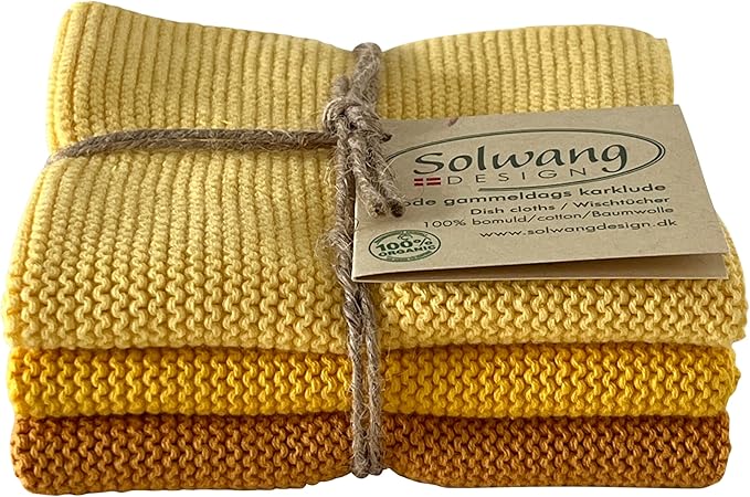 Solwang 3-Piece Danish Cotton Dishcloths in 100% Certified Organic Cotton Made in India (Dark Yellow Organic Combi), 619317045637