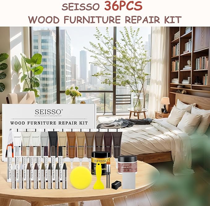 SEISSO Wood Furniture Repair Kit, 12 Colors Wood Fillers, 8 Colors Touch Up Markers&Wax Sticks, Wood Putty with Beeswax, Wood Repairing Kit of Stains, Scratches, Holes, Cracks(36 PCs)
