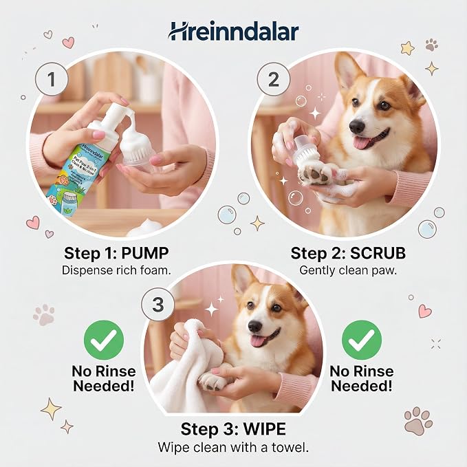 2-in-1 Dog Paw Cleaner Foam with Scrubber Brush | Waterless No Rinse Foaming Washer for Mud, Dirt & Stain Removal | Deodorizing and Moisturizing Pet Care Formula | Gentle for Dogs & Cats