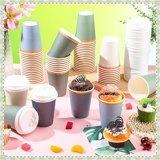Willinglong 60 Pcs Fall Disposable Paper Cups with Lids 12oz Thanksgiving Coffee Cups with Golden Lace Drinkware for Birthday Baby Shower Bride Holiday Party Business Events DIY Supplies(Dusty Blue)