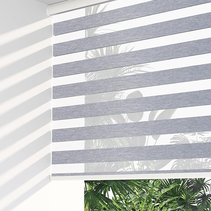 LazBlinds Cordless Zebra Blinds for Windows 26"x72", Grey - Linen | Free-Stop Roller Windows Shades with Cassette, Light Filtering Dual Layer Sheer Shades for Home and Office