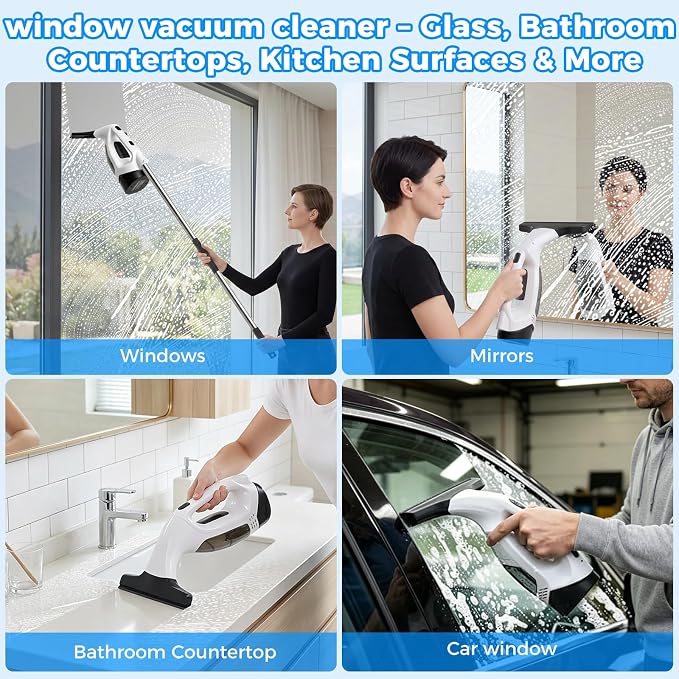 Window Vacuum Squeegee with Extendable Pole 31-40", 2000Pa Electric Window Cleaning Tool with 2200mAh and 150ml Dirty Water Tank, Long Handle Squeegee for Windows, Shower Doors, Mirrors, and Tiles
