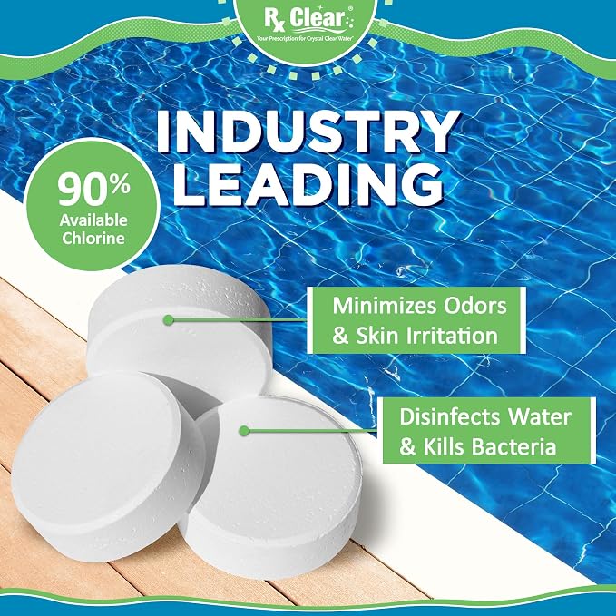 Rx Clear 3" Inch Chlorine Tabs | 8 Pounds | Individual Stabilized Chlorinating Tablets for Sanitizing Swimming Pools | Long Lasting, Slow Dissolving, and UV Protected
