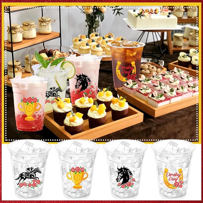 100Pcs Derby Horse Plastic Party Cups, 12oz Kentucky Race Disposable Clear Cups for Derby Party Decorations, Horse Racing Drinking Cup, Themed Birthday, Holiday Gatherings Favors