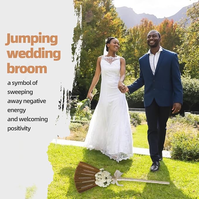 Detachable DIY Wedding Jump Broom Kit, African American Jumping the Broom Ceremony Decor, Collapsible Ceremonial Straw Broom with Faux Flower Bouquet, Lace Trim & Satin Ribbons, Pearls