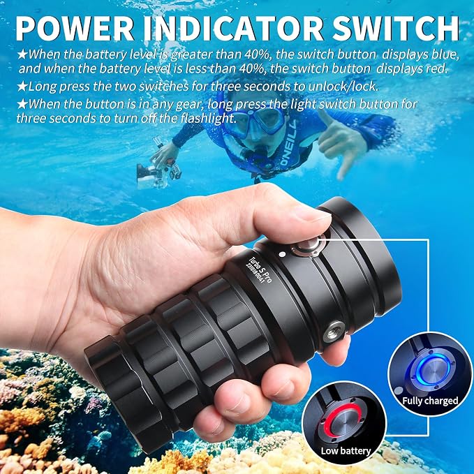 Diving Flashlight,LetonPower TS Pro 25000Lumens Underwater 100m Video Light, Scuba Dive Light, with Type-C Charging for Professional Outdoor Under Water Sports