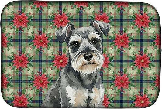 Caroline's Treasures Miniature Schnauzer Christmas PoinsettIas Dish Drying Mat Absorbent Dish Drying Mat Pad for Kitchen Counter Dish Drainer Mat for Countertop, 14 x 21", Multicolor
