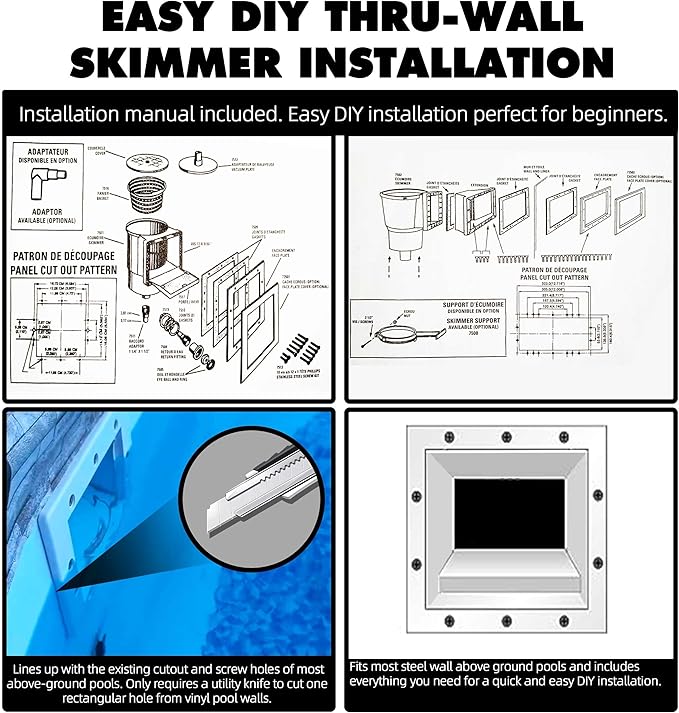 TonGass (Complete Set Universal Fit Above Ground Pool Skimmers (White) Pool Skimmer Accessory Kit ABS Plastic Thru-Wall Skimmer with Accessories Opening Width 6" Fits All Standard Pools Wall Cutouts