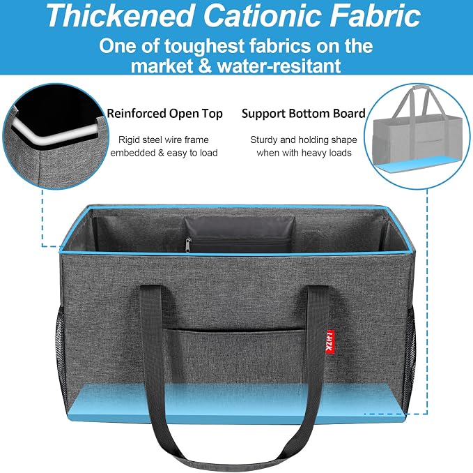 LHZK 2 Pack Extra Large Utility Tote Bag with Metal Wire Frame and the Sides Rinforced, Extra Large Tote Bag with Handle for Pool Beach Laundry Storage (Grey)