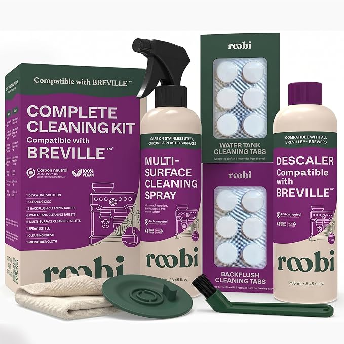Roobi Espresso Cleaning Kit Compatible with Breville. Includes Descaling Solution, Espresso Cleaning Tablets, Water Tank Tabs, Multi-Surface Cleaner, 54mm Disc, Brush & Cloth.