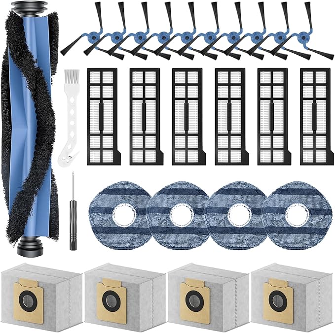 27PACK Accessories Kit for Eu-fy X10 Pro Omni, Replacement Parts, 1 Roller Brush, 6 HEPA Filters, 4 Mop Pads, 10 Side Brushes, 5 Dust Bags for Eu-fy Clean X10 Pro Omni Robot Vacuum